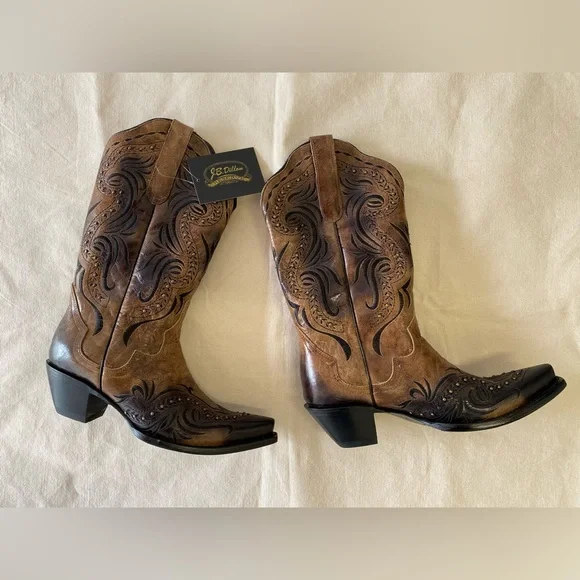 NWT J.B. Dillon Reserve Brown and Black Embroidered Leather Cowboy Boots W11 - Picture 2 of 13